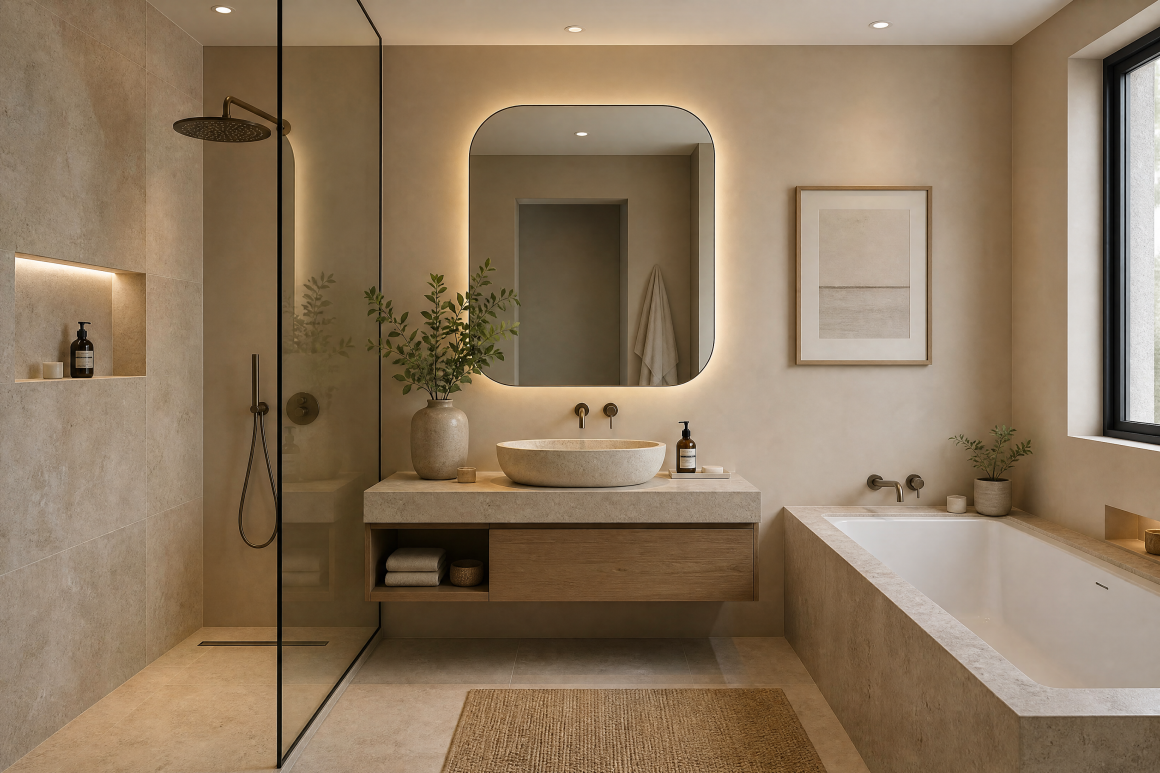 Salle de bain moderne : tons beiges, douche vitrée, grande baignoire, meuble flottant, miroir et plantes