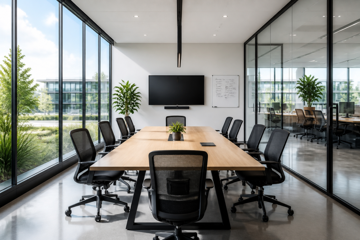 Salle de réunion aménagée avec grande table en bois, chaises, écran mural et plantes