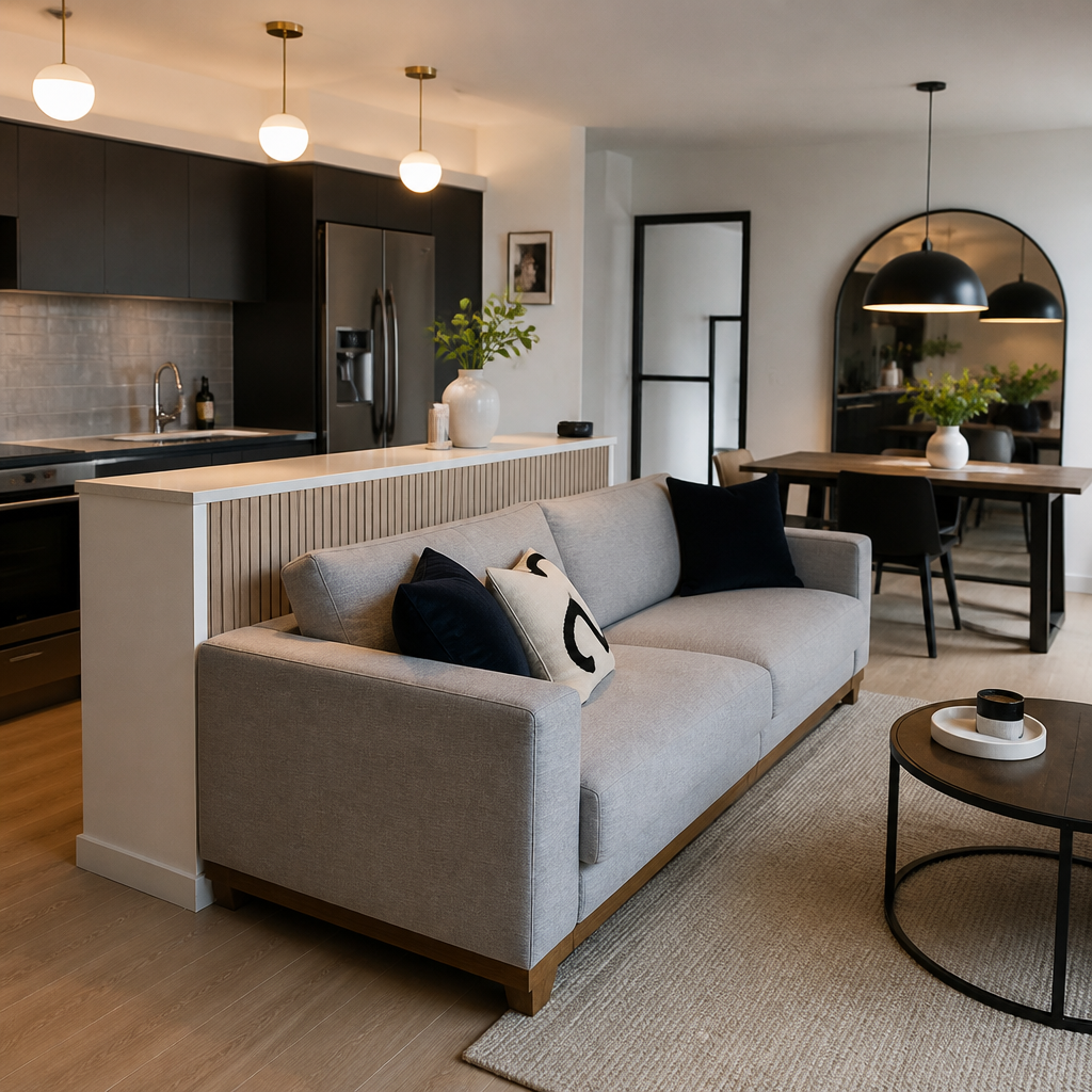 Salon ouvert sur cuisine aménagé avec canapé gris, table basse, tapis et coin repas