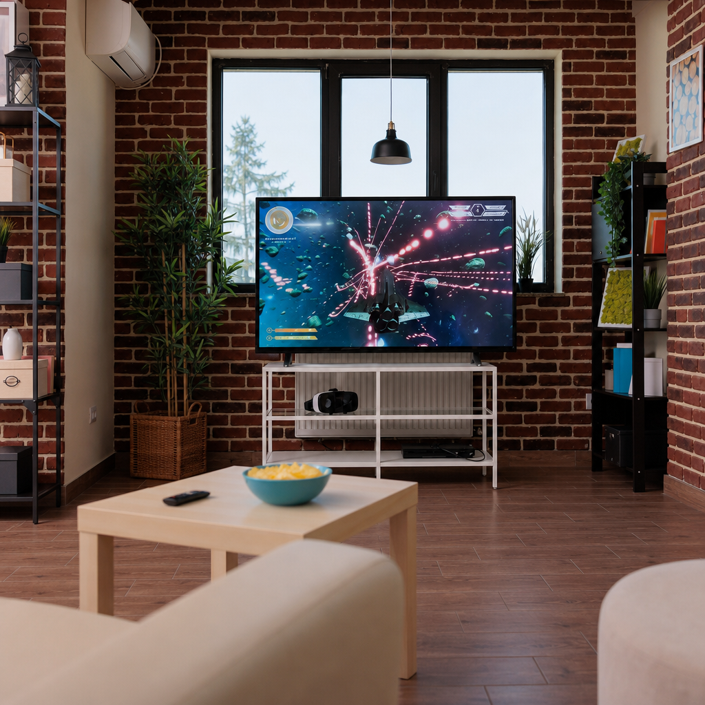 Salon industriel aménagé avec meuble TV devant fenêtre, canapé, table basse et plantes