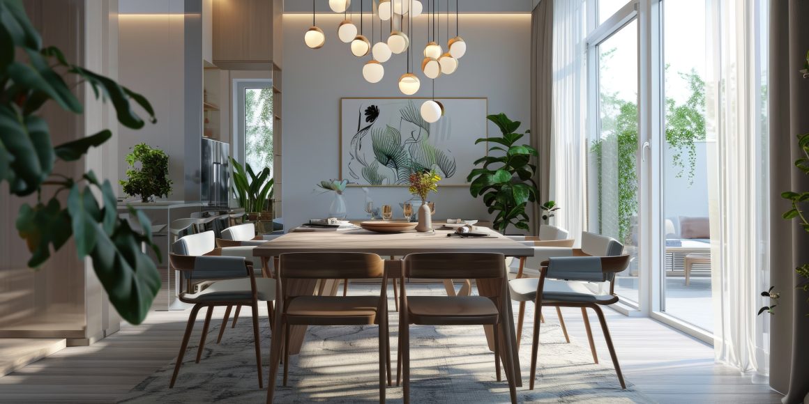 Salle à manger scandinave : table et chaises en bois, suspensions, plantes et grandes baies vitrées