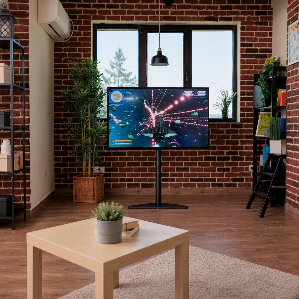 Salon avec briques apparentes, support TV placé devant fenêtre, plantes, table basse et étagères