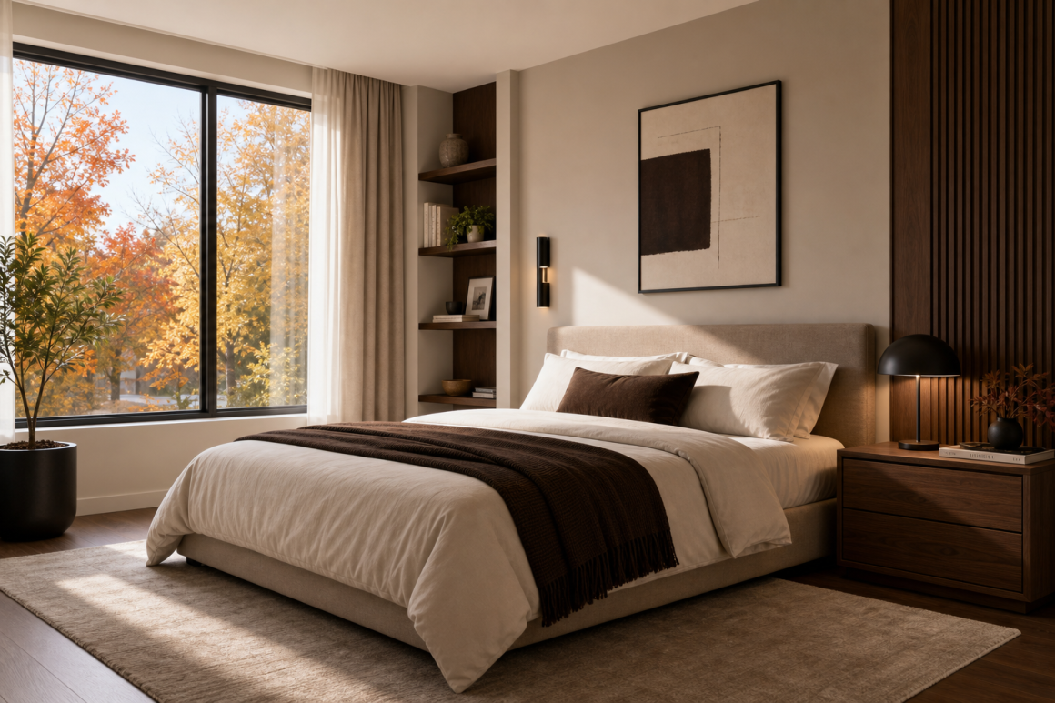Chambre tendance 2027 aux tons neutres avec touches de brun chocolat incluant lit, étagères et lampe