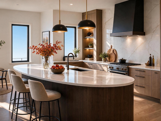 Cuisine tendance 2027 : îlot ovale en bois avec surface en marbre, luminaires suspendus et étagères en bois