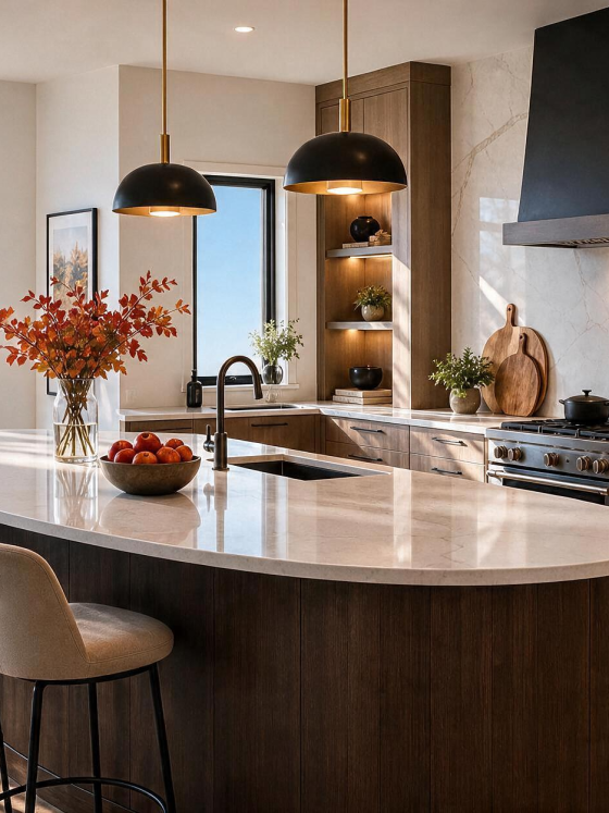 Cuisine tendance 2027 : îlot ovale en bois avec surface en marbre, luminaires suspendus et étagères en bois