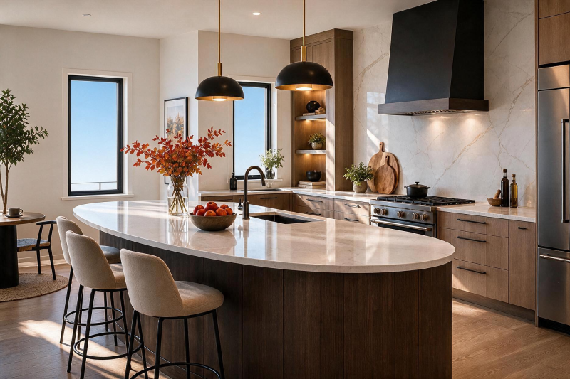 Cuisine tendance 2027 : îlot ovale en bois avec surface en marbre, luminaires suspendus et étagères en bois