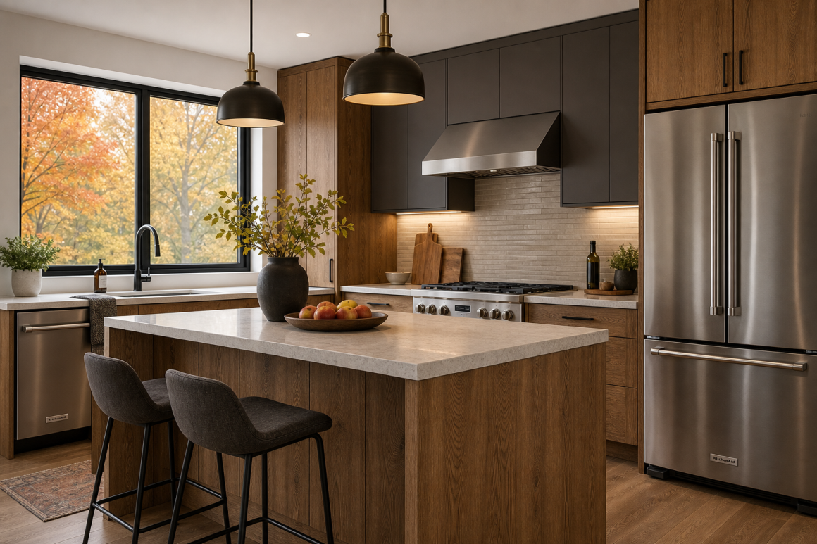 Cuisine tendance 2027 aménagée avec îlot central en bois, plans clairs, électroménager et luminaires suspendus