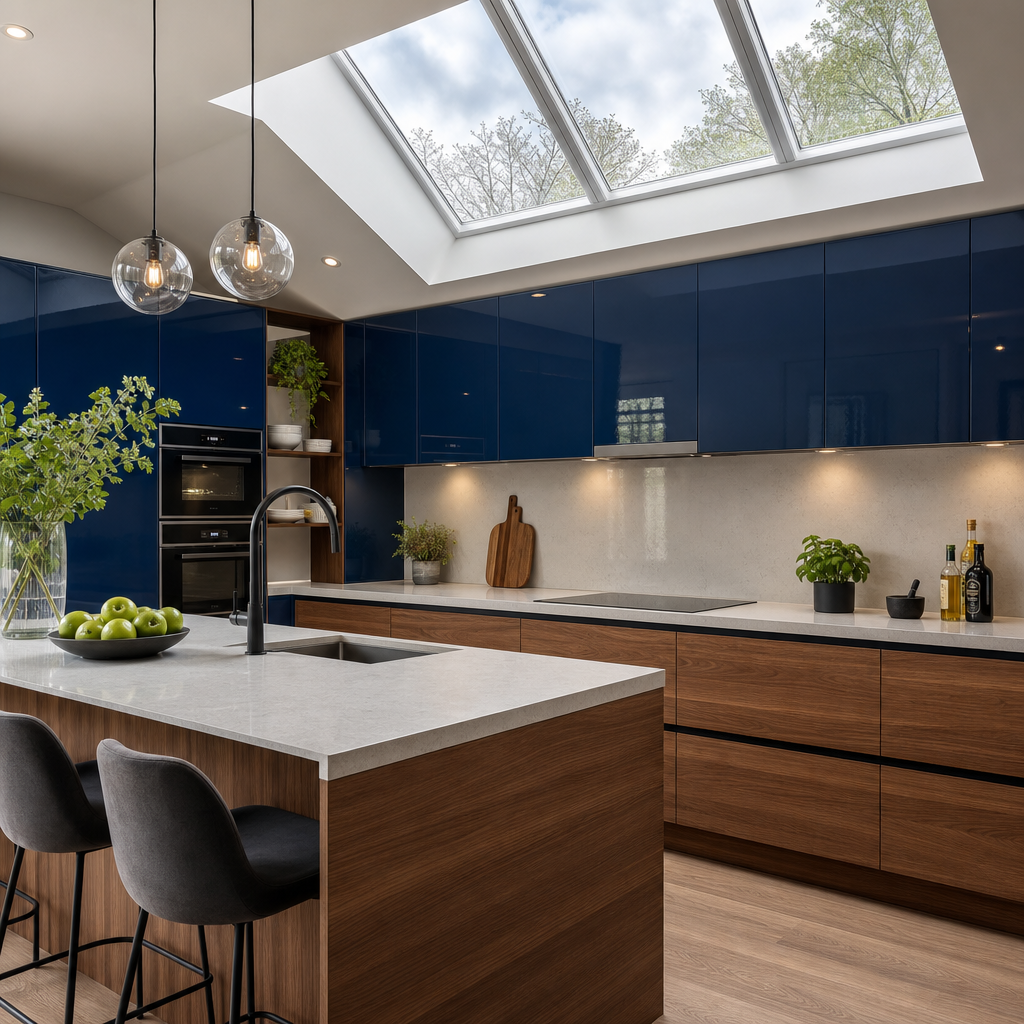 Cuisine aménagée avec îlot en bois, surfaces laquées, placards bleus et luminaires suspendus