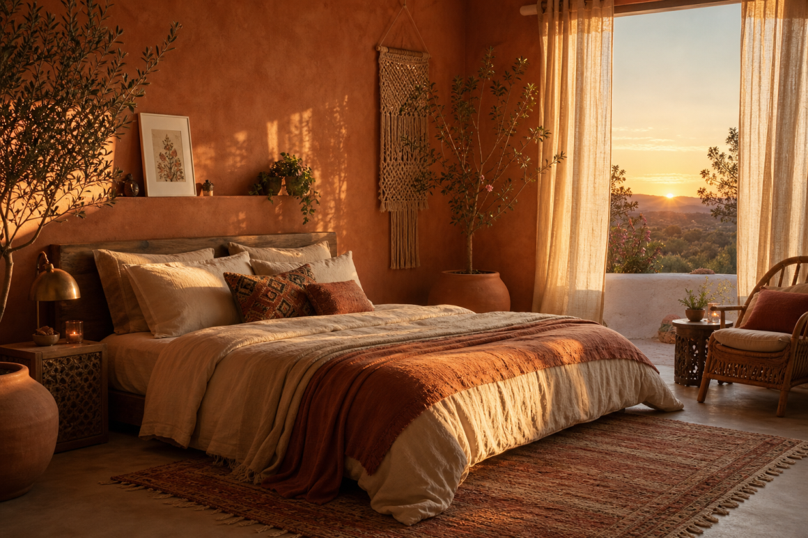Chambre bohème chaleureuse: tons Clay, linge en lin, plantes, macramé et textures naturelles