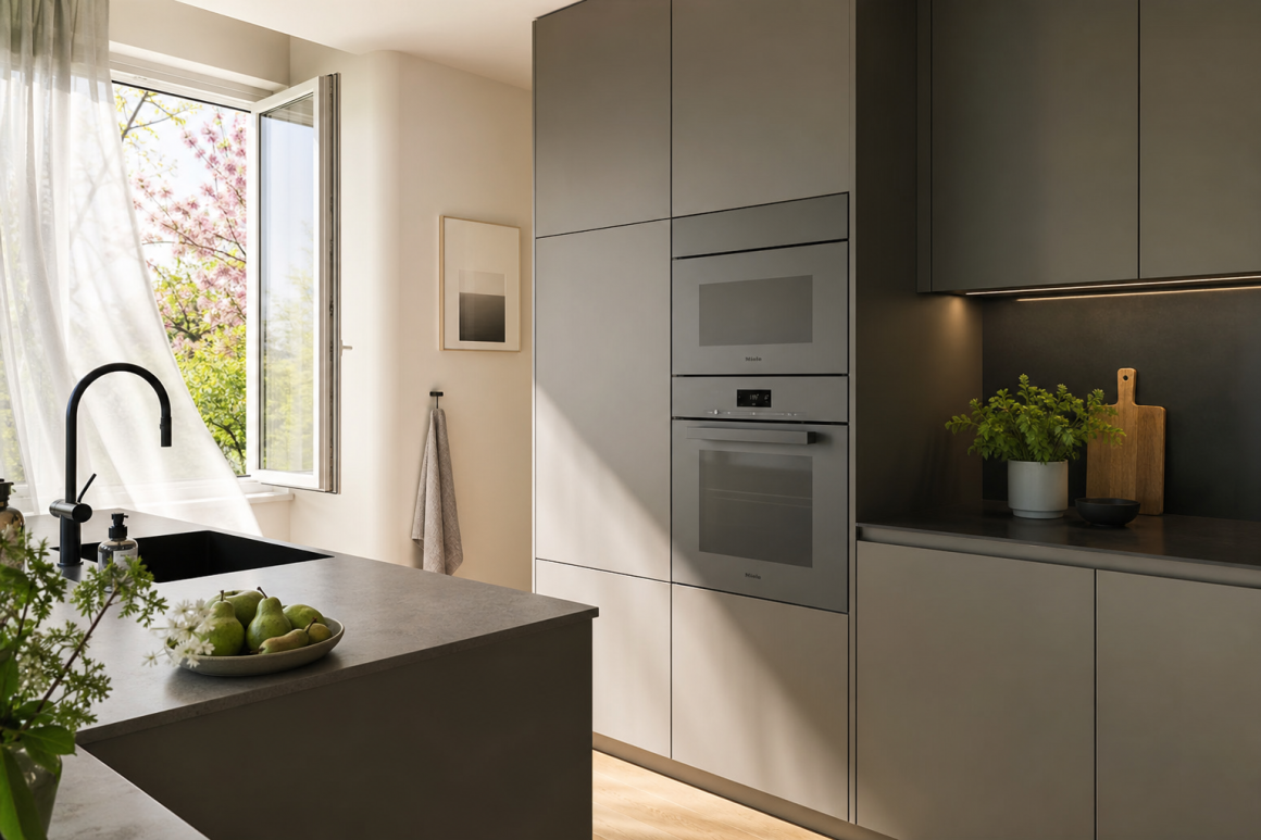 Cuisine minimaliste aux tons gris incluant îlot et électroménager encastré