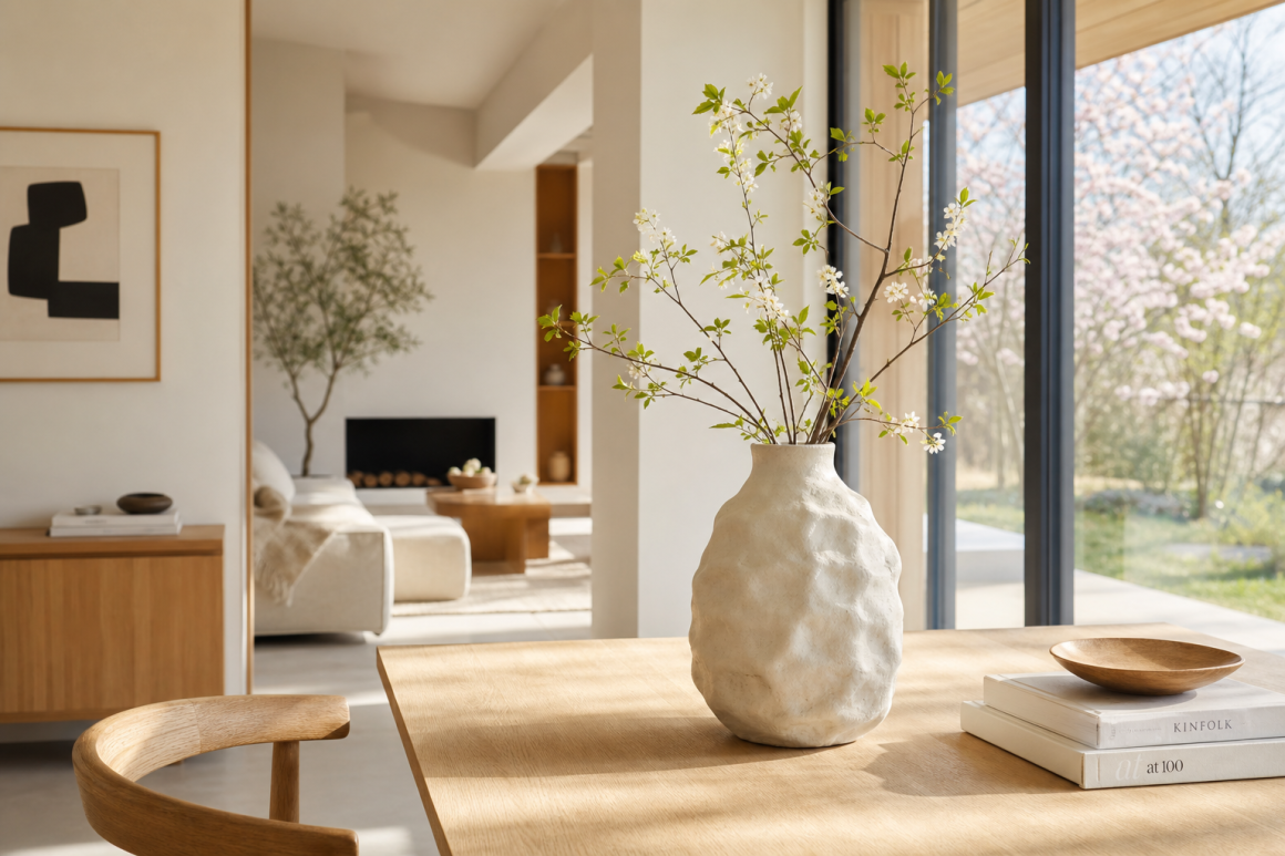 Vase texturé crème avec branches fleuries sur table en bois dans un intérieur minimaliste