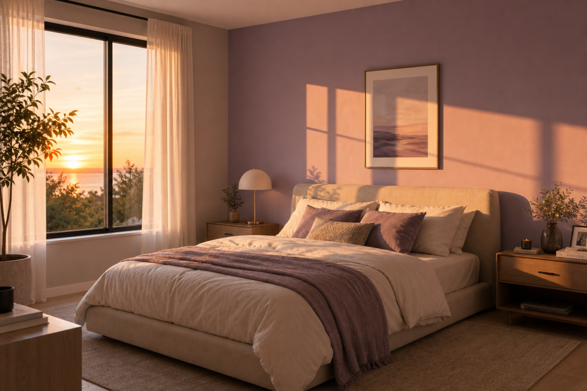 Chambre chaleureuse au coucher : peinture lavande, lit moelleux, plaids doux, lampe et plantes