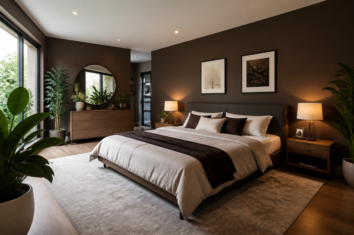 Chambre aux tons bruns et crème aménagée avec grandes plantes, lit king et commode en bois