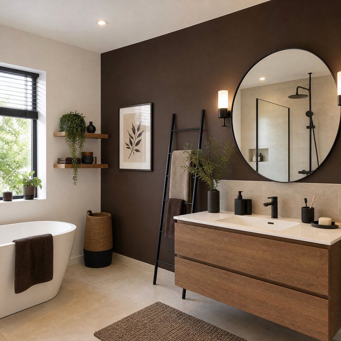 Salle de bain aux tons bruns avec meuble vasque en bois, miroir, étagères murales, baignoire et plantes