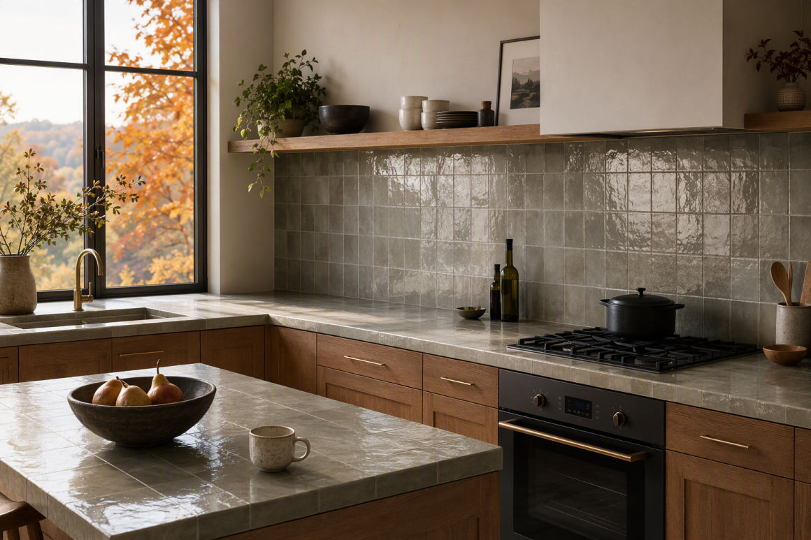 Cuisine en bois incluant plans et crédence en carreaux brillants gris, étagère en bois et îlot central
