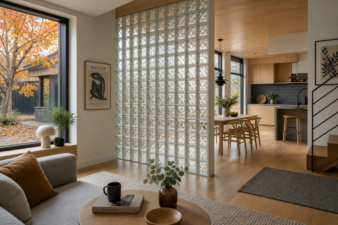 Salon incluant séparation en briques de verre, grandes baies vitrées et décor minimaliste