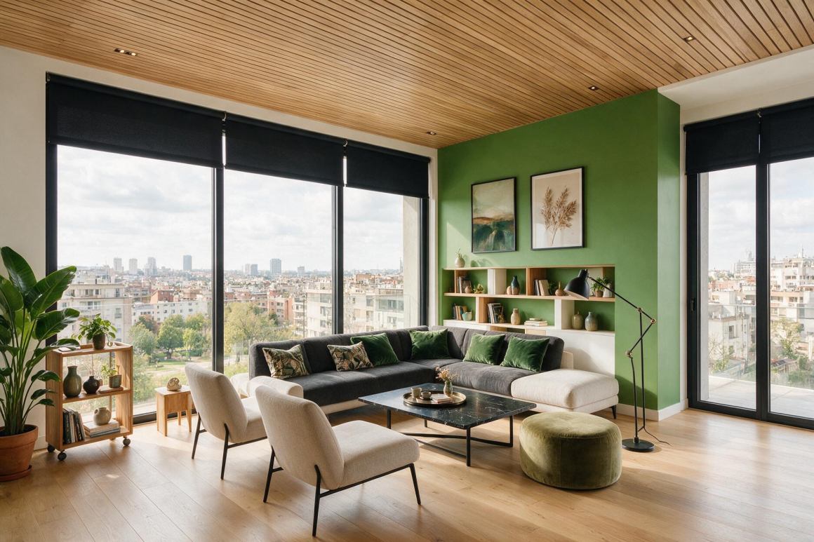 Salon incluant grandes baies vitrées, mur vert, canapé gris, fauteuils crème et plantes