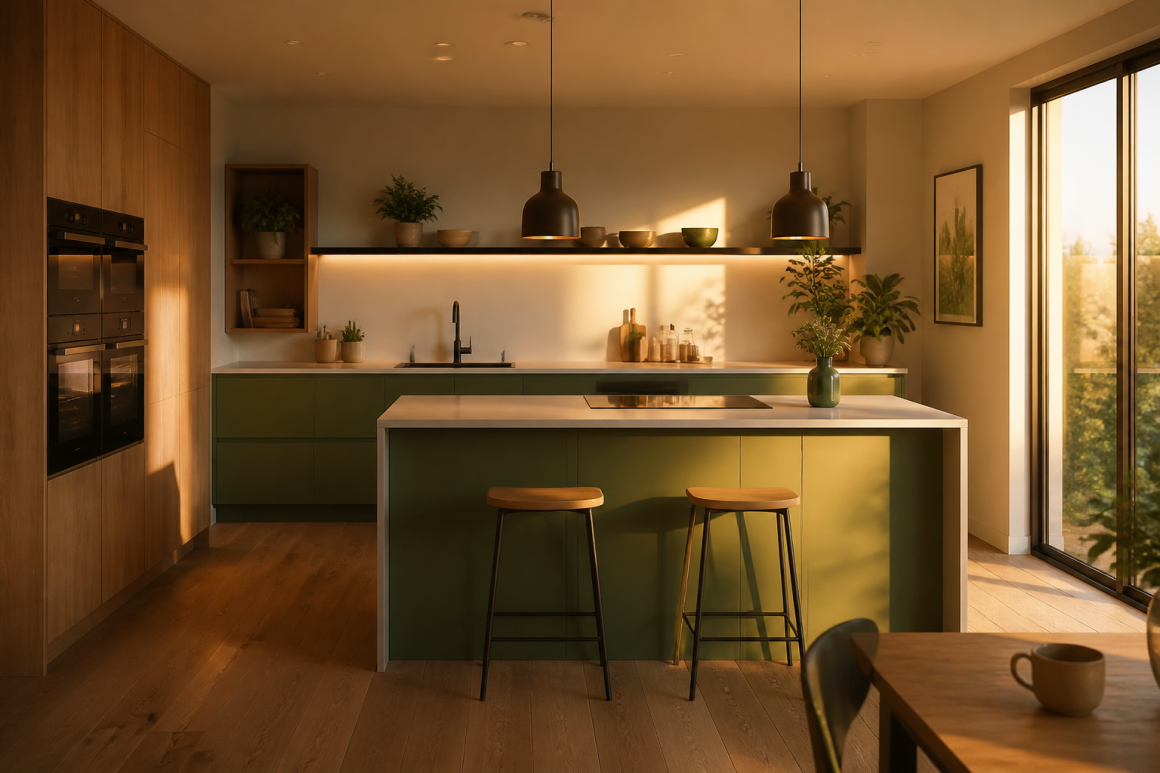 Cuisine aménagée avec îlot central vert, plans blancs, tabourets, suspensions et plantes