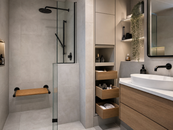 Salle de bain 5m2 : douche à l'italienne, meuble vasque, rangements intégrés et éclairage doux