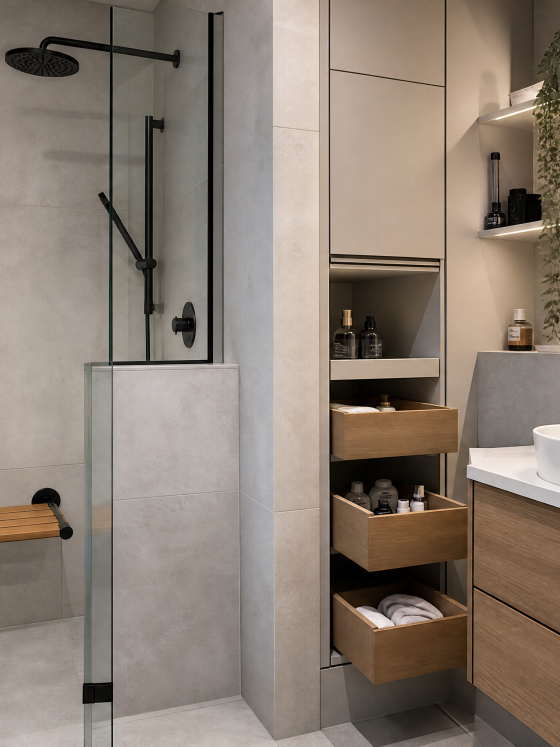 Salle de bain 5m2 : douche à l'italienne, meuble vasque, rangements intégrés et éclairage doux