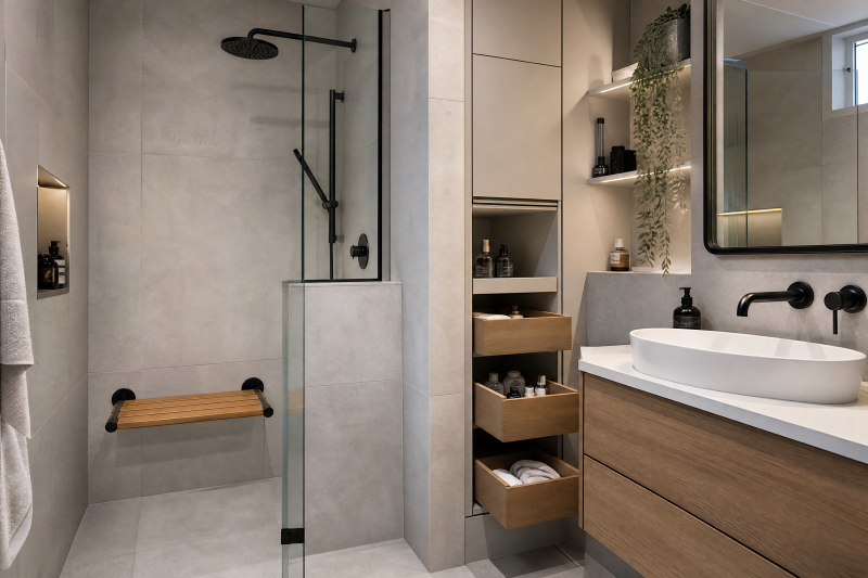 Salle de bain 5m2 : douche à l'italienne, meuble vasque, rangements intégrés et éclairage doux