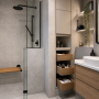 Salle de bain 5m2 : douche à l'italienne, meuble vasque, rangements intégrés et éclairage doux