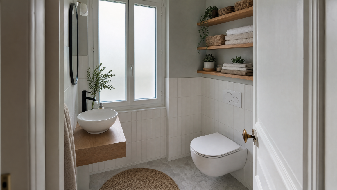 Salle de bains incluant WC suspendu, étagères avec linge et lavabo vasque sur tablette en bois