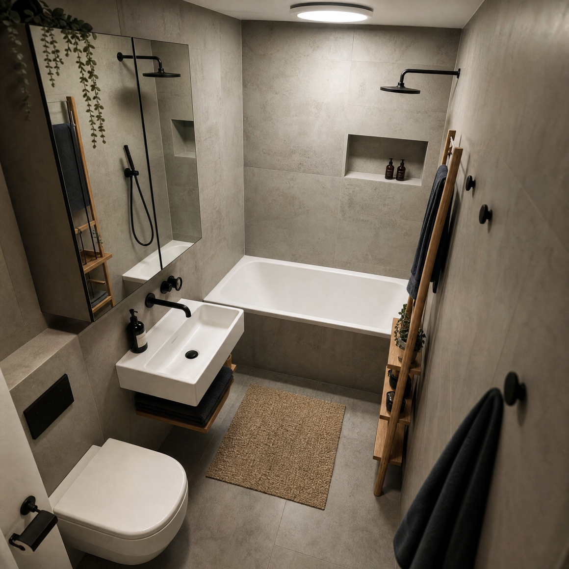 Petite salle de bain aménagée baignoire, douche pluie noire, lavabo minimaliste, miroir et étagère en bois