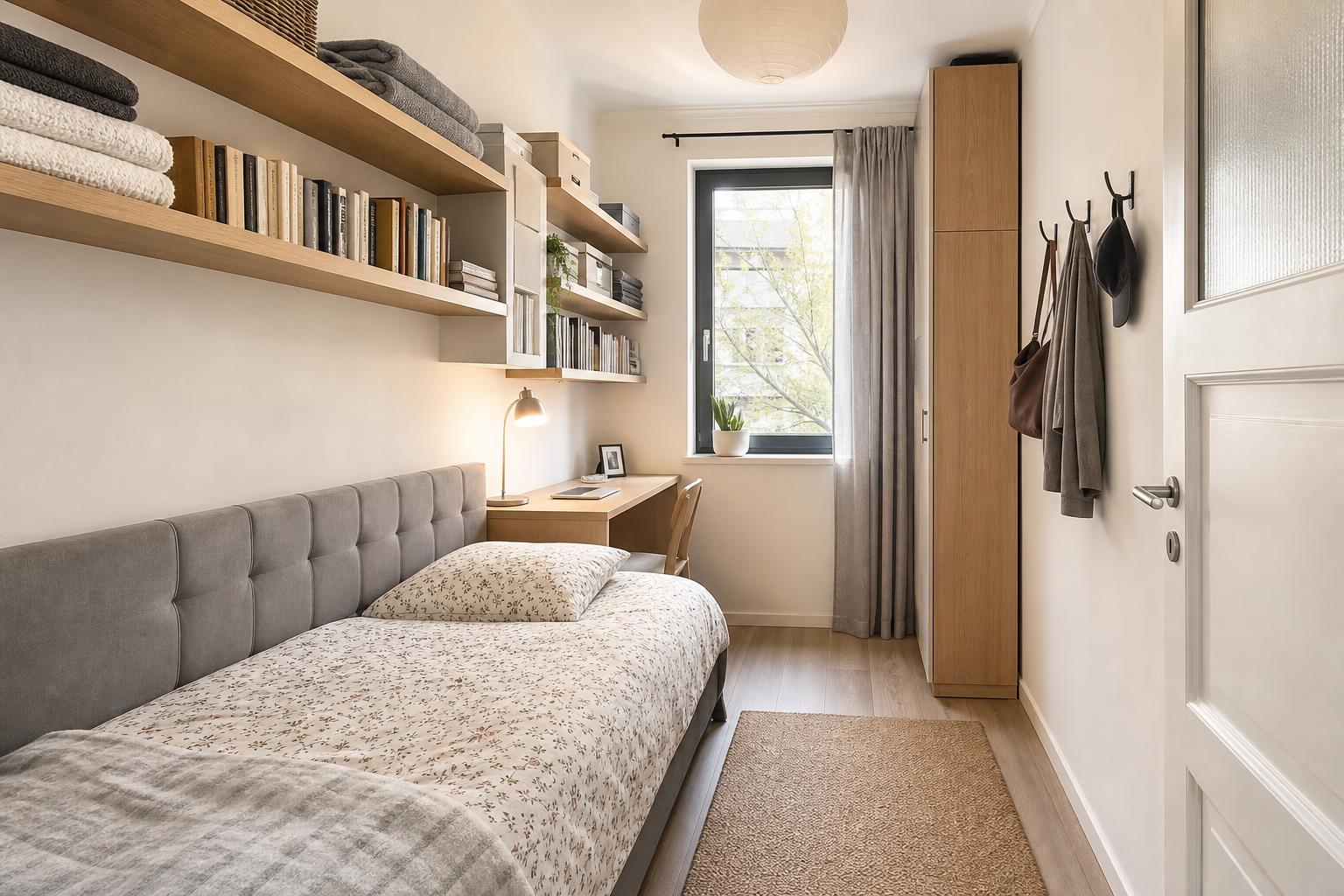Petite chambre avec lit simple gris, étagères bois murales et bureau intégré clair
