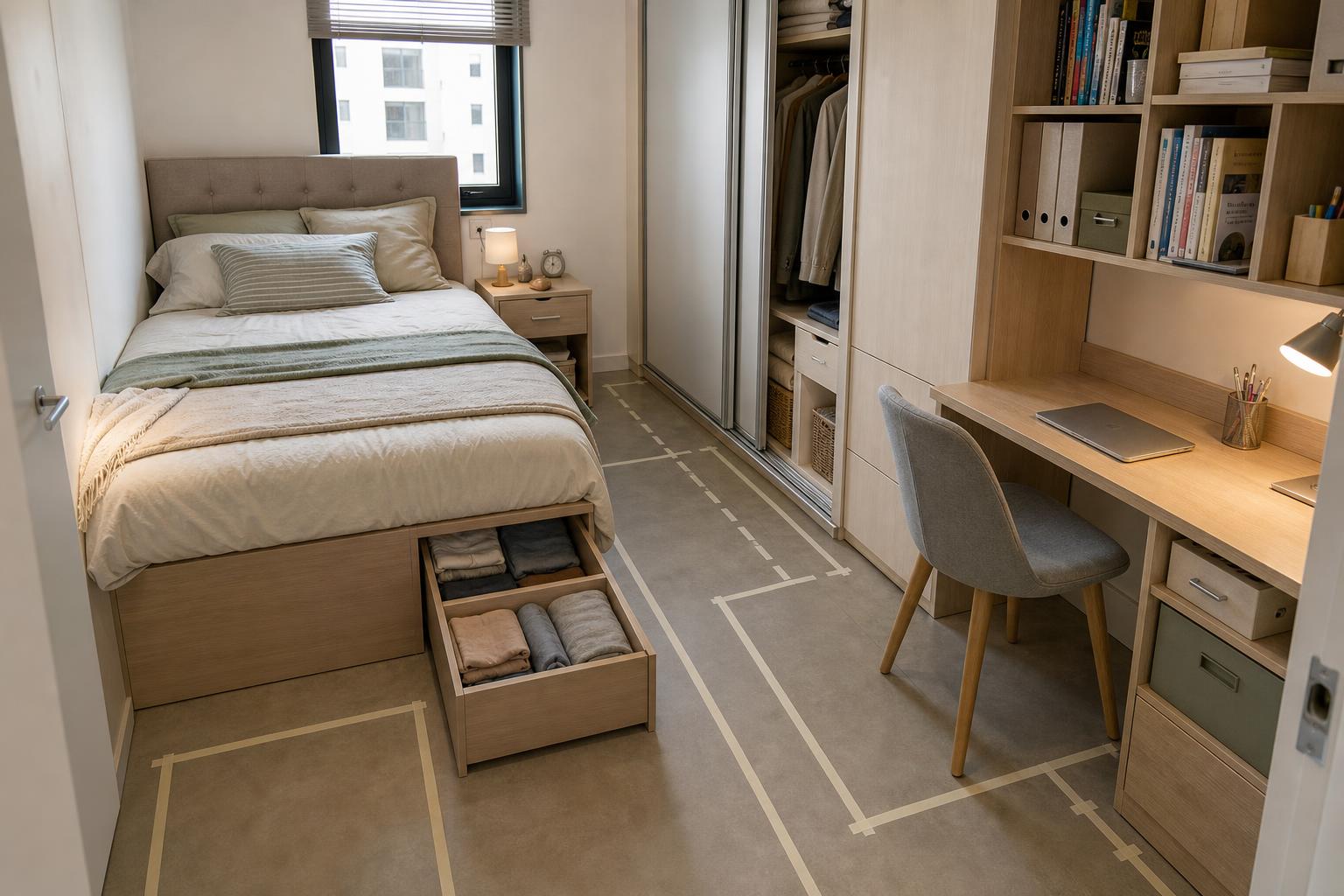 Petite chambre avec lit beige à tiroirs, bureau bois clair et placard coulissant intégré