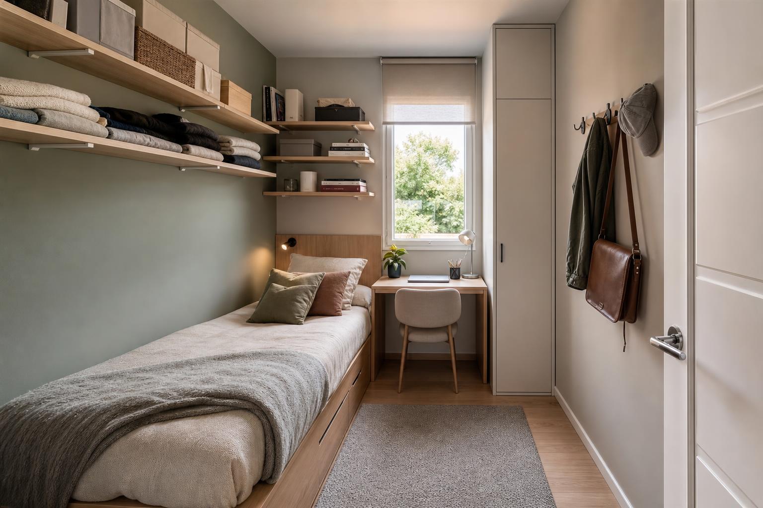 Petite chambre avec lit bois clair, étagères murales, bureau compact et rangements vert olive et beige