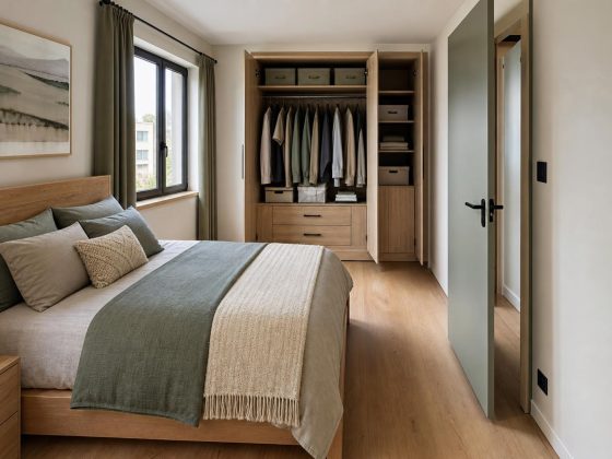 Chambre compacte aux tons neutres avec lit en bois et armoire ouverte organisée