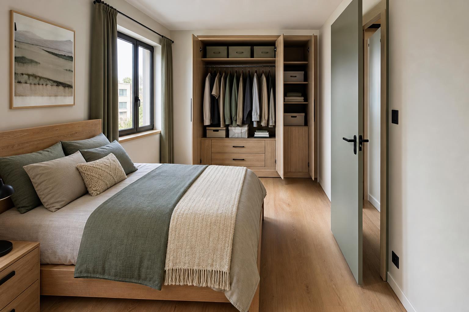 Chambre compacte aux tons neutres avec lit en bois et armoire ouverte organisée