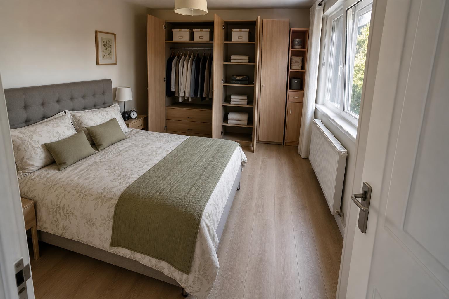 Chambre avec lit double, linge de lit clair et placard bois ouvert rangé et organisé