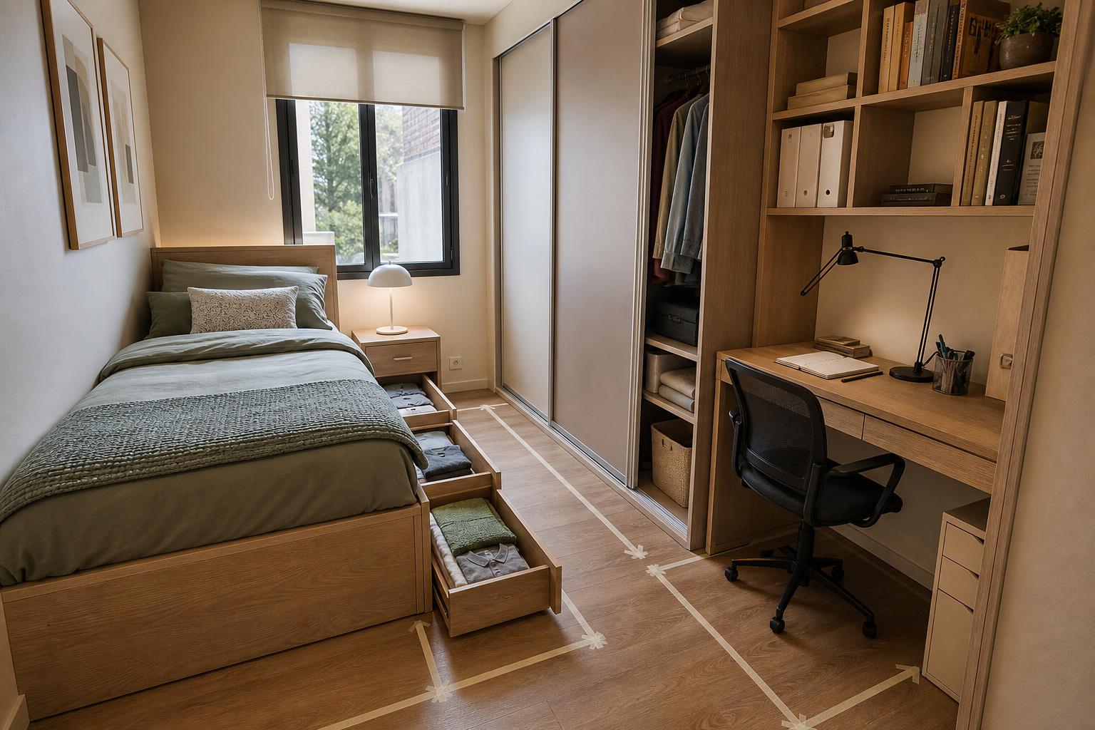 Petite chambre avec lit à tiroirs bois clair, bureau intégré et armoire coulissante