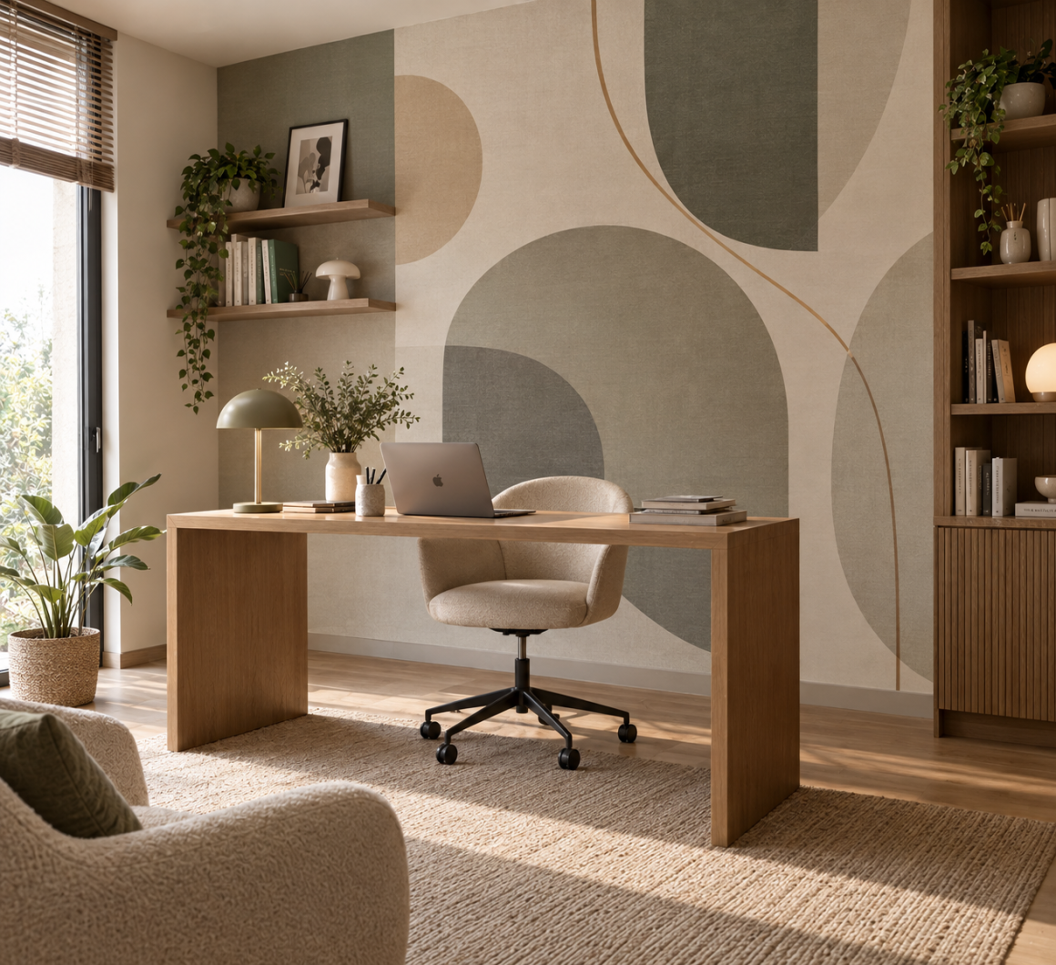 Bureau minimaliste : mobilier en bois clair, fauteuil crème, grande tapisserie géométrique et plantes