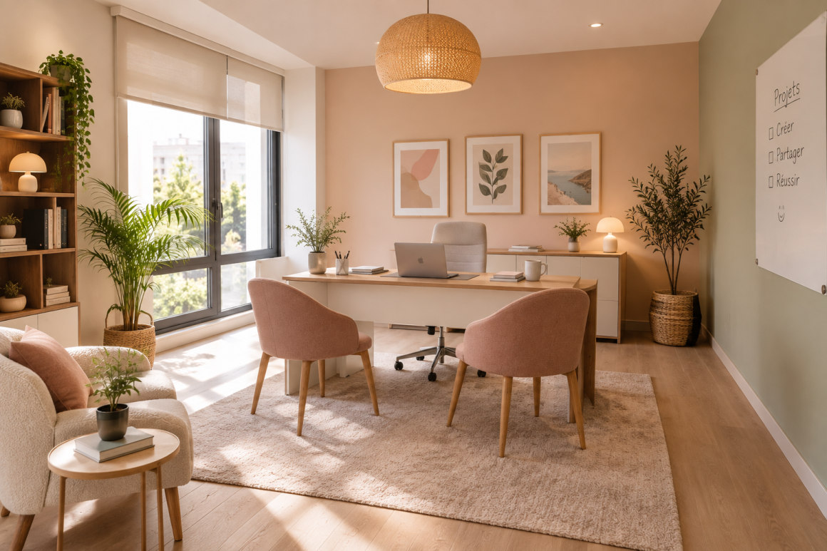 Bureau lumineux aux tons neutres et roses avec plantes, mobilier moderne, tapis doux , étagères et suspension