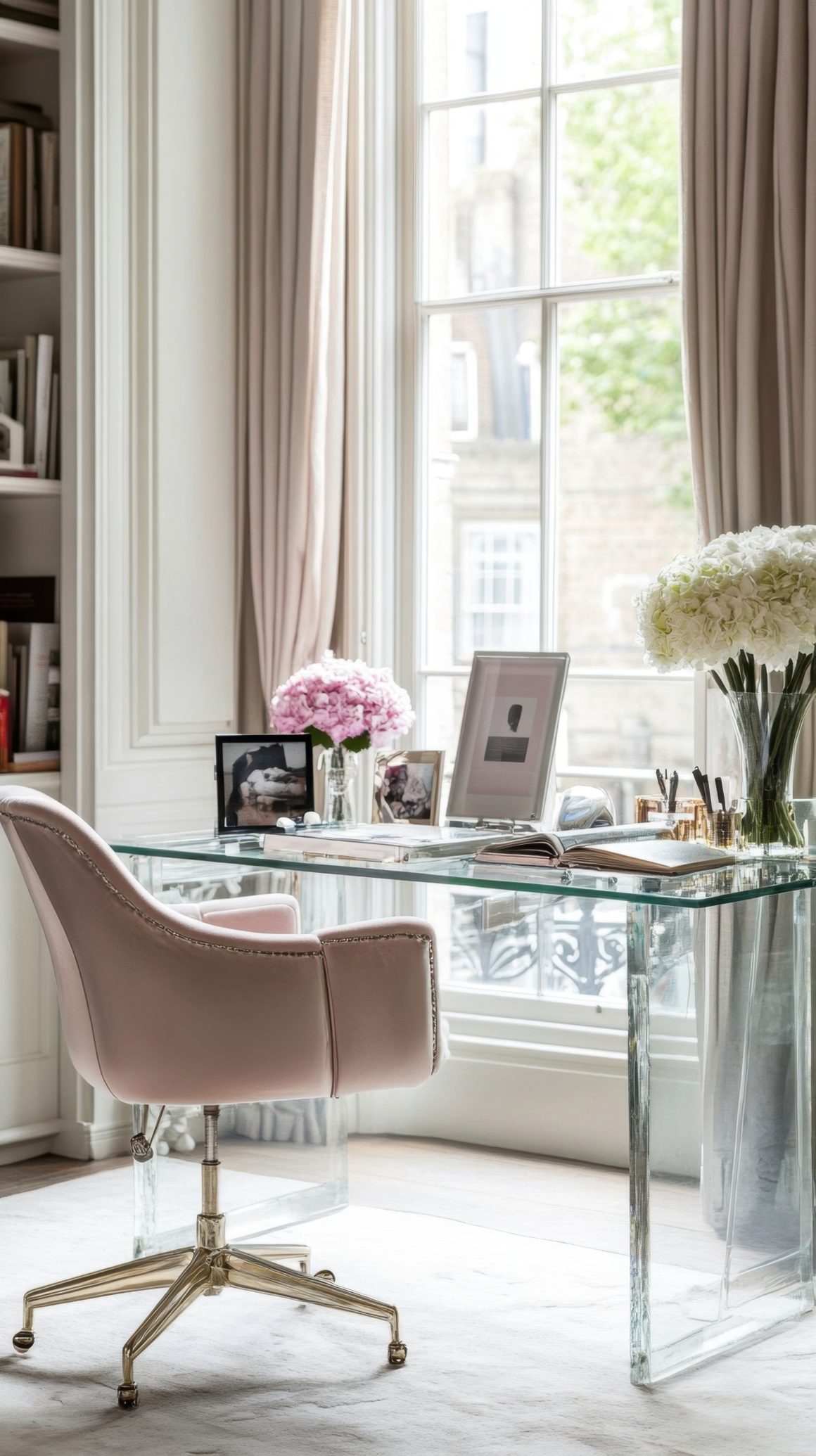 Espace de travail lumineux avec chaise rose velours, bureau verre, fleurs fraîches et grandes fenêtres