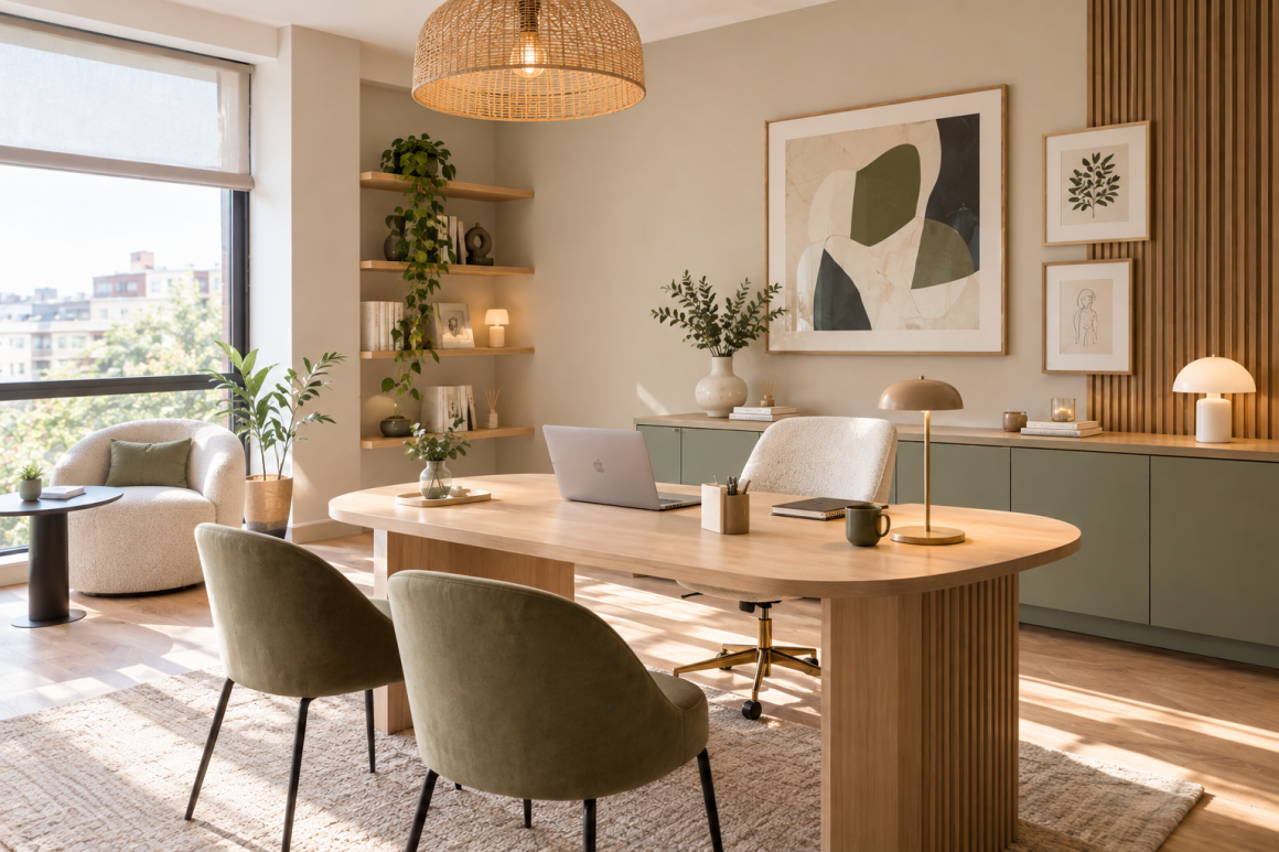 Bureau aux tons verts avec lumière naturelle, plantes, meubles en bois, fauteuils et déco minimaliste