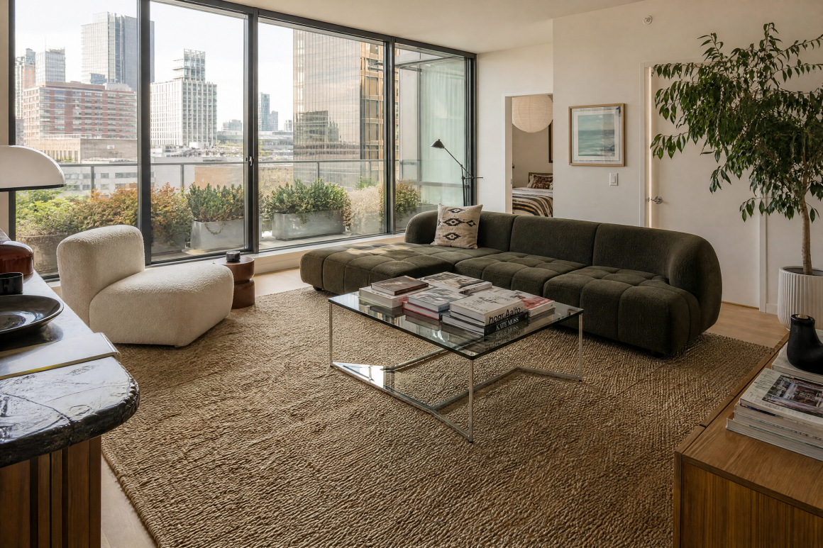 Canapé vert profond, fauteuil beige, grande baie vitrée, table verre, tapis texturé et plantes