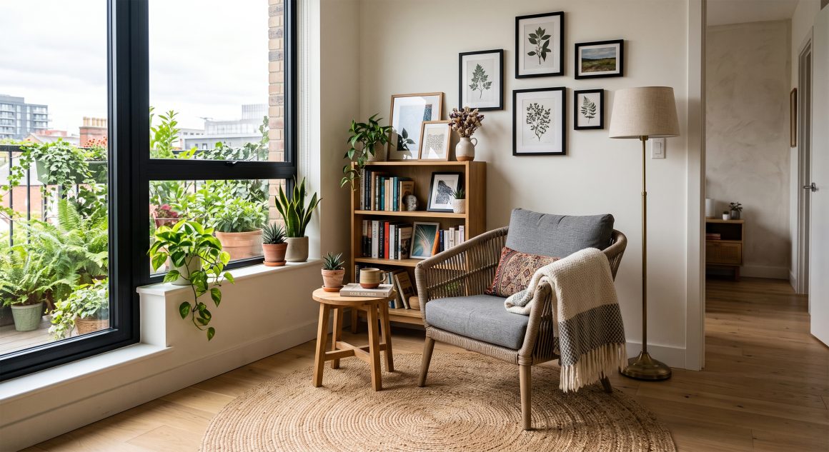 Coin lecture près d'une grande fenêtre : fauteuil, petite table basse, étagère avec livres, plantes et tapis