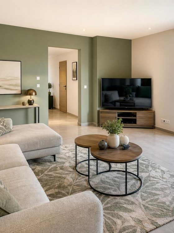 Salon lumineux avec canapé beige, murs verts, meuble TV en bois et grandes baies vitrées donnant sur jardin