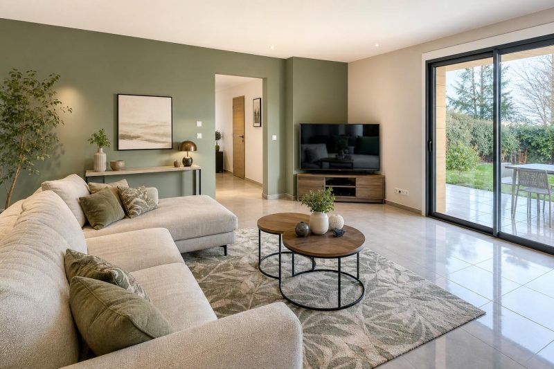Salon lumineux avec canapé beige, murs verts, meuble TV en bois et grandes baies vitrées donnant sur jardin