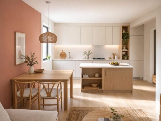 Cuisine ouverte avec mur terracotta, meubles blancs, îlot et table en bois clair