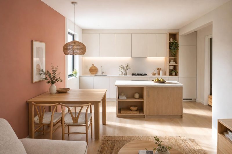 Cuisine ouverte avec mur terracotta, meubles blancs, îlot et table en bois clair