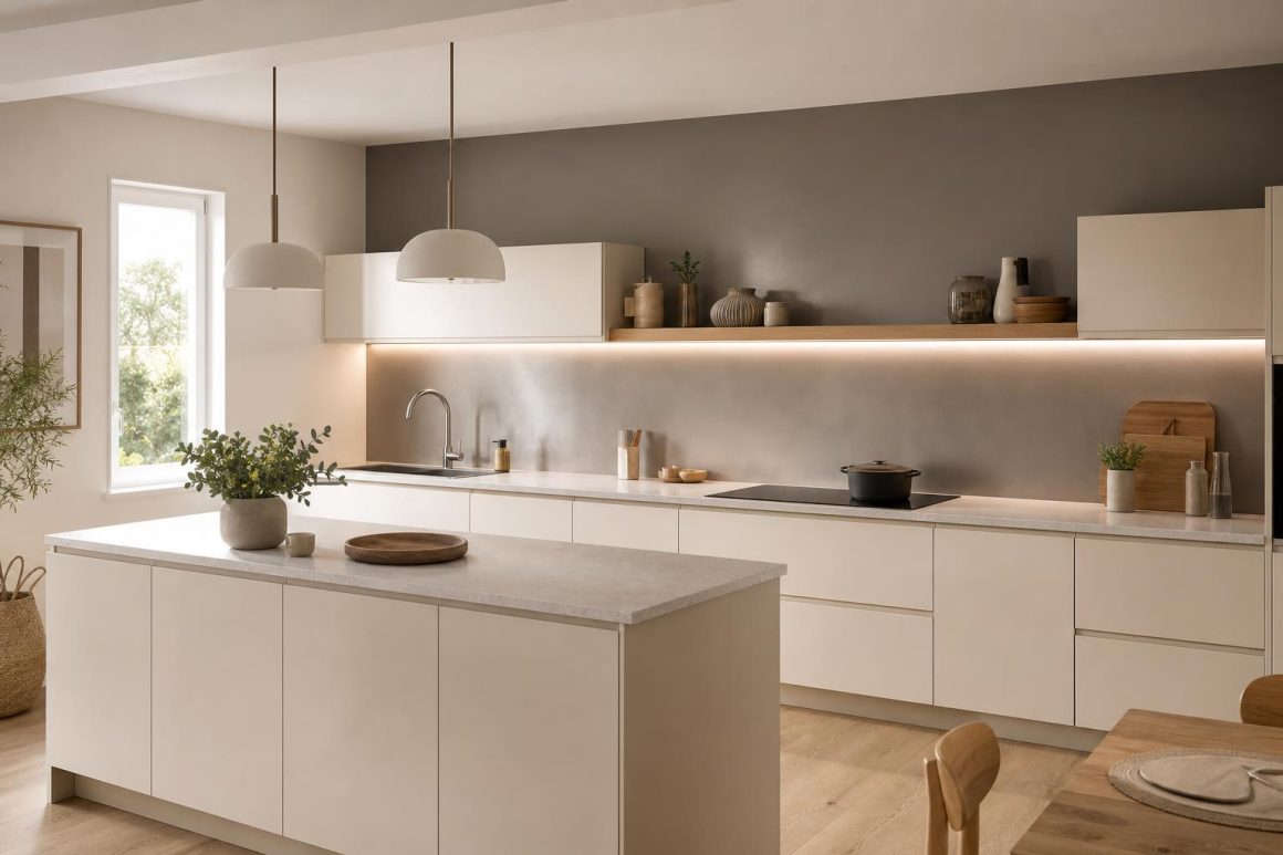 Cuisine moderne beige et grise avec îlot central, plan de travail clair et étagère bois clair