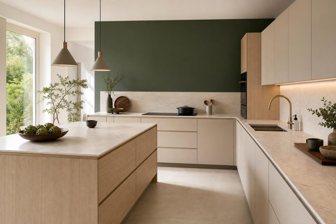 Cuisine ouverte avec îlot bois clair, crédence beige et mur vert foncé, luminaires suspendus et large fenêtre