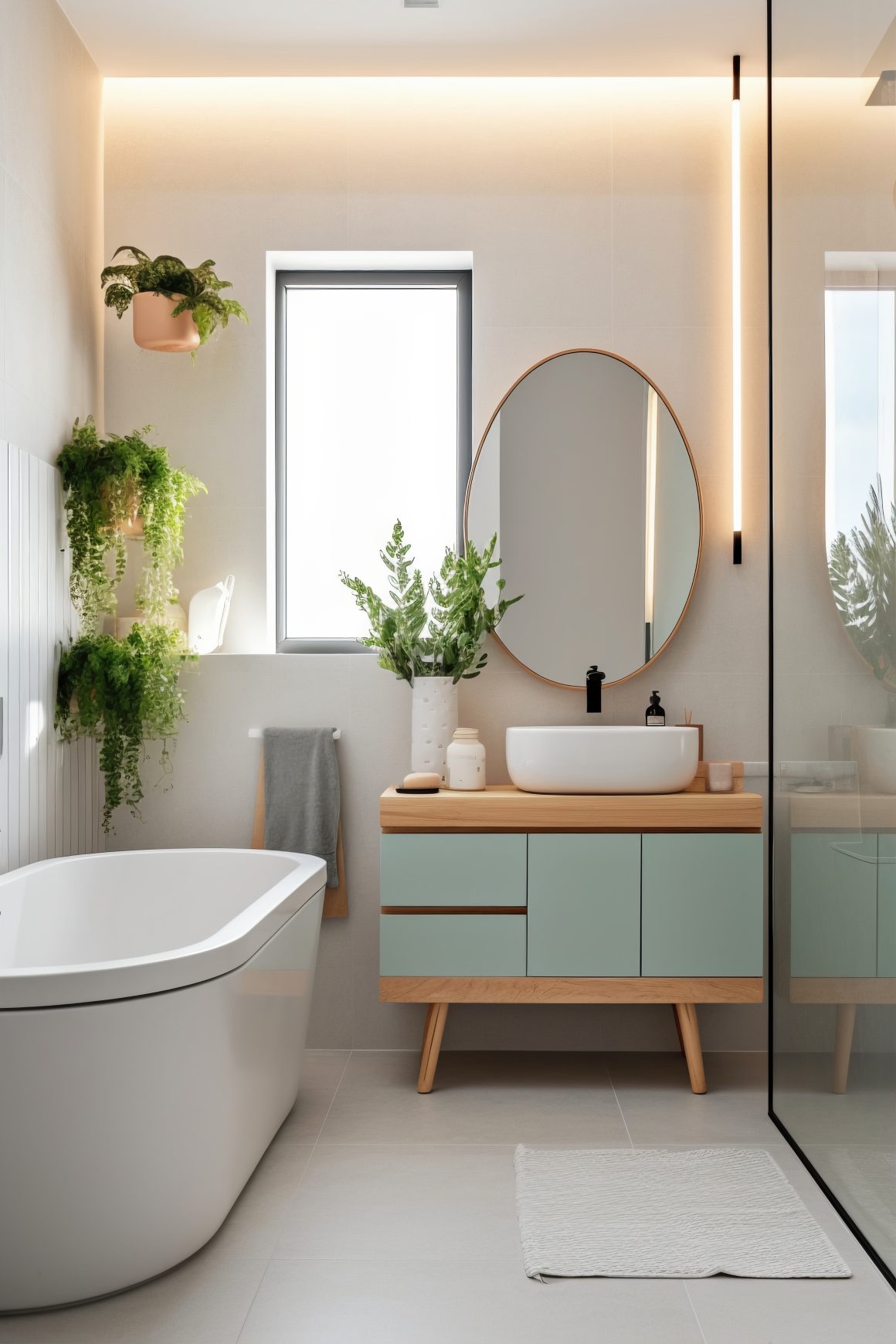 Petite salle de bain lumineuse avec baignoire, meuble vasque en bois, miroir et plantes suspendues