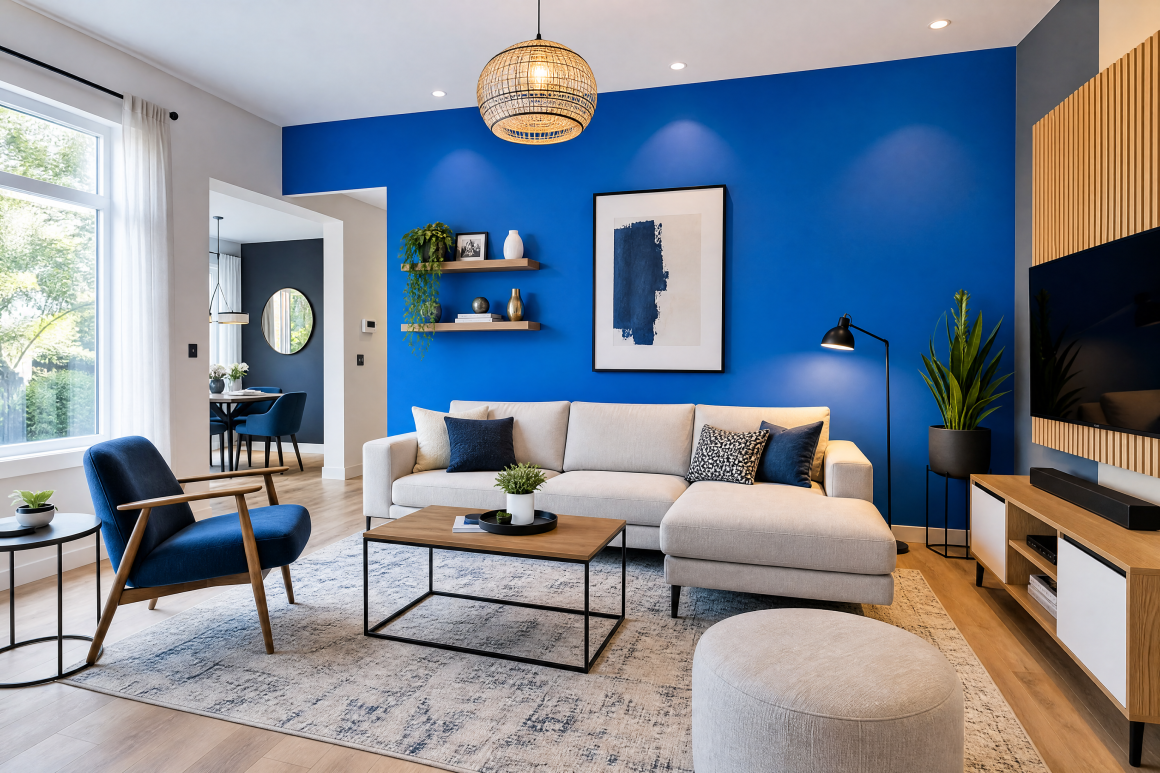 Salon tendance 2027 avec mur bleu lumineux, canapé beige, fauteuil bleu, table basse, tapis clair et plantes