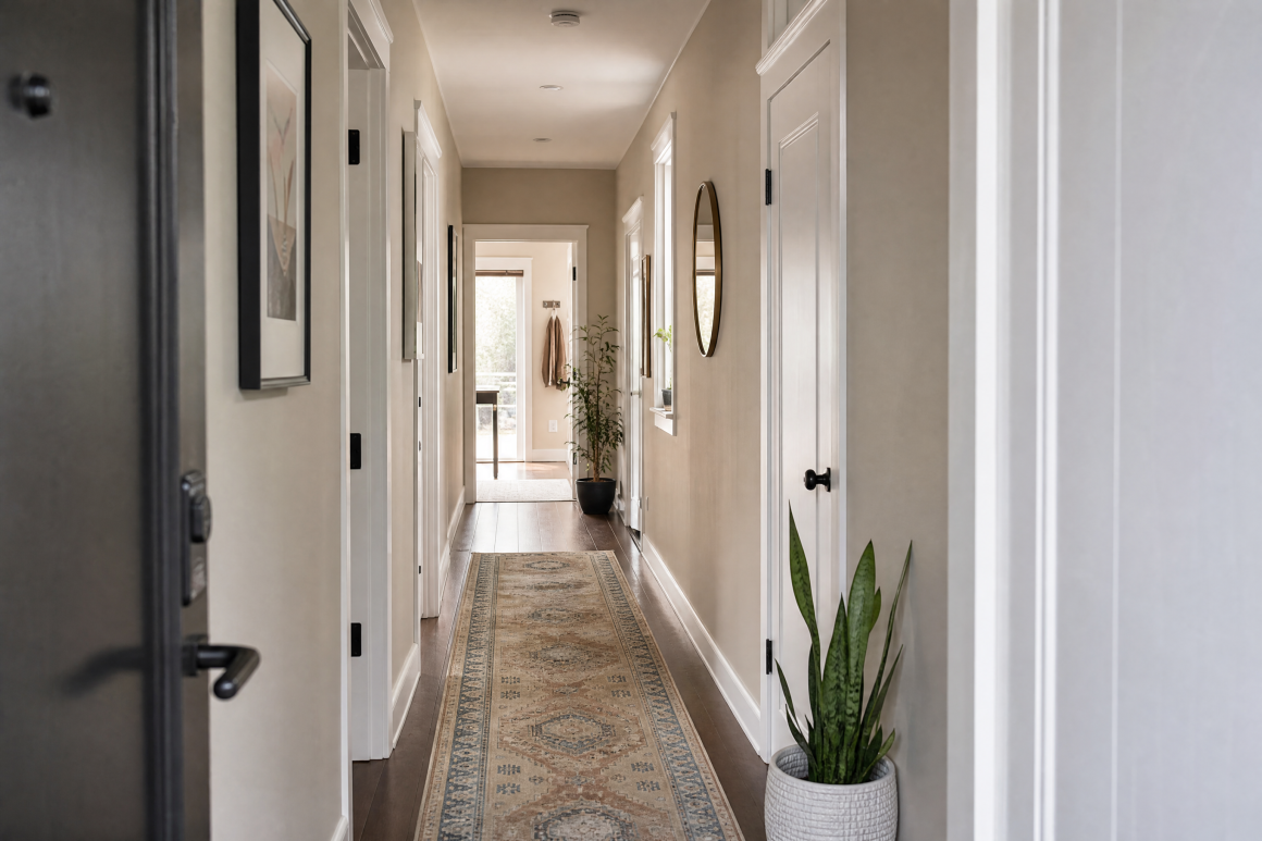 Couloir long avec peinture murale beige, porte d'entrée grise, portes blanches, sol en bois et miroir